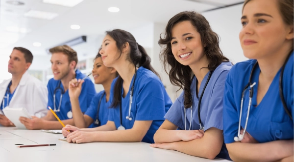 a group of healthcare workers smiling and laughing while learning in a health training program