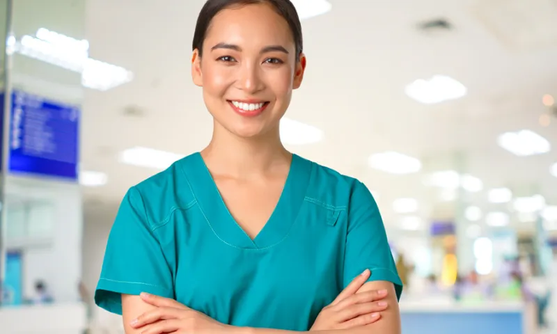 A healthcare professional wearing scrubs smiles while crossing her arms