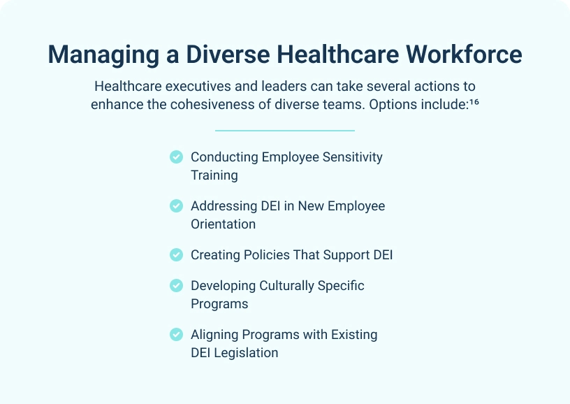 Infographic describing options healthcare executives and leaders can take to enhance cohesiveness of diverse teams