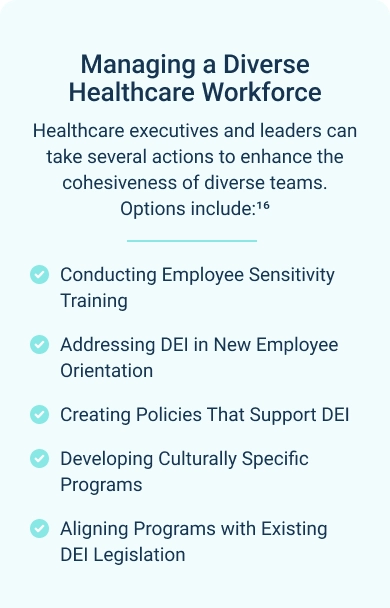 Infographic describing options healthcare executives and leaders can take to enhance cohesiveness of diverse teams